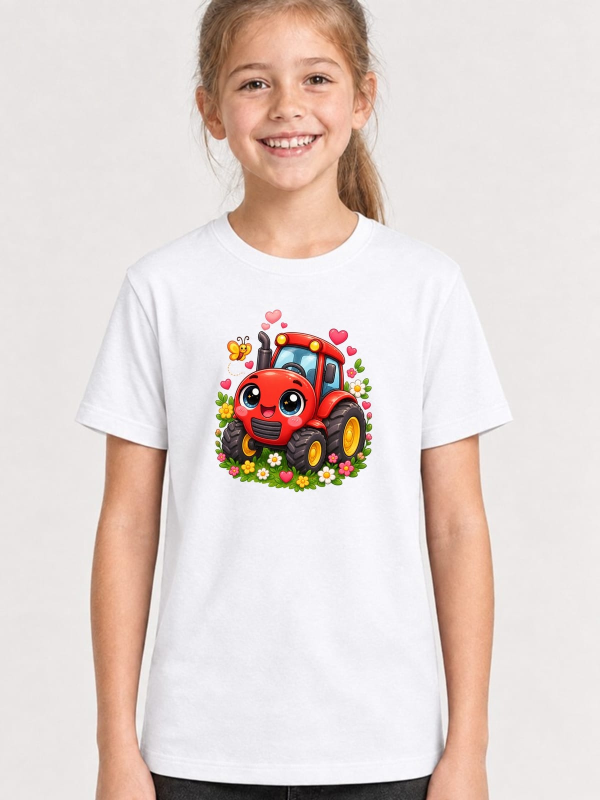 Koszulka z traktorkiem dla dziewczynki biała słodki styl kawaii, zdjęcie 1