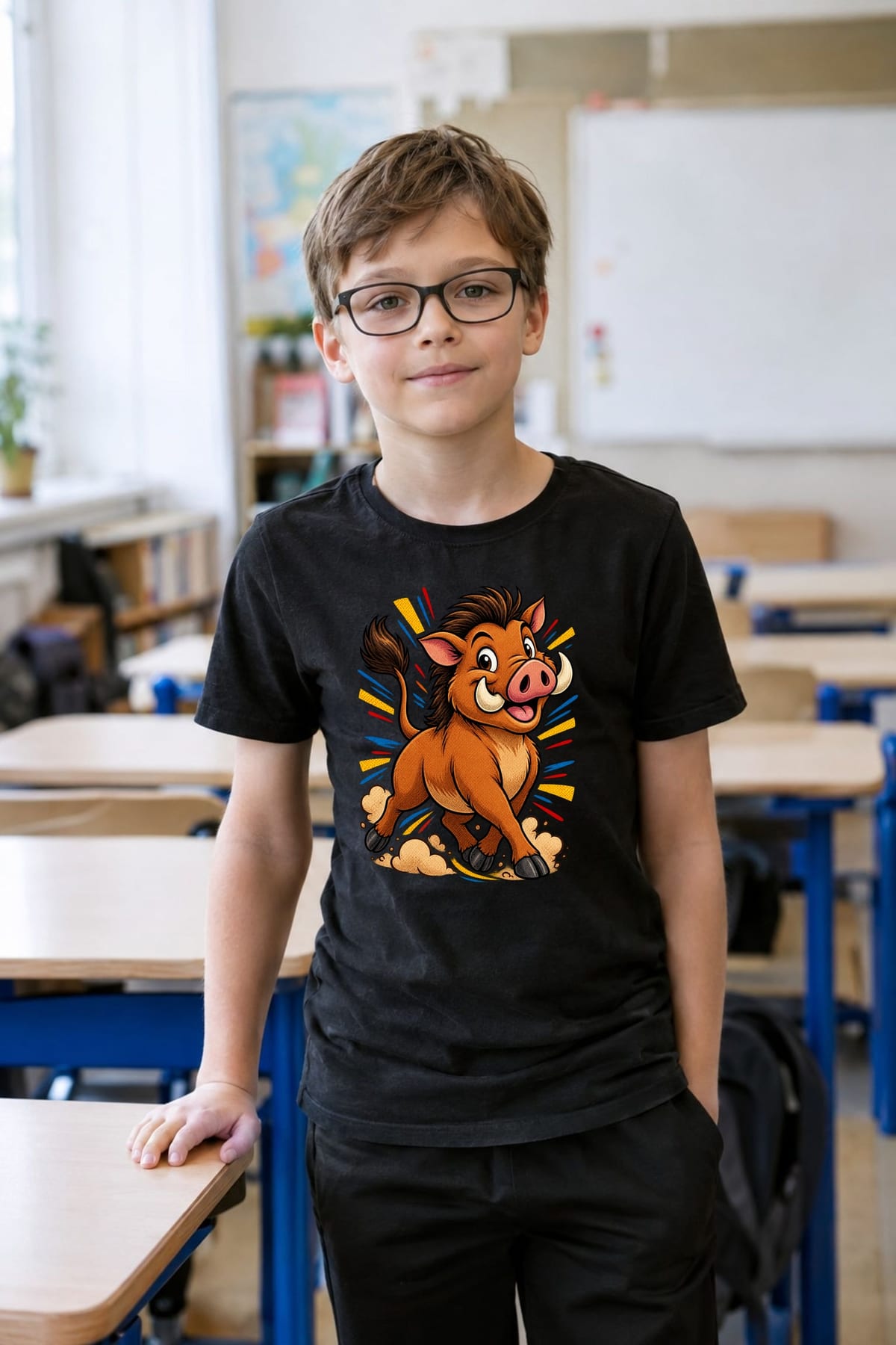 Koszulka z dzikim guźcem dla chłopca czarna komiksowy dynamizm, zdjęcie 6