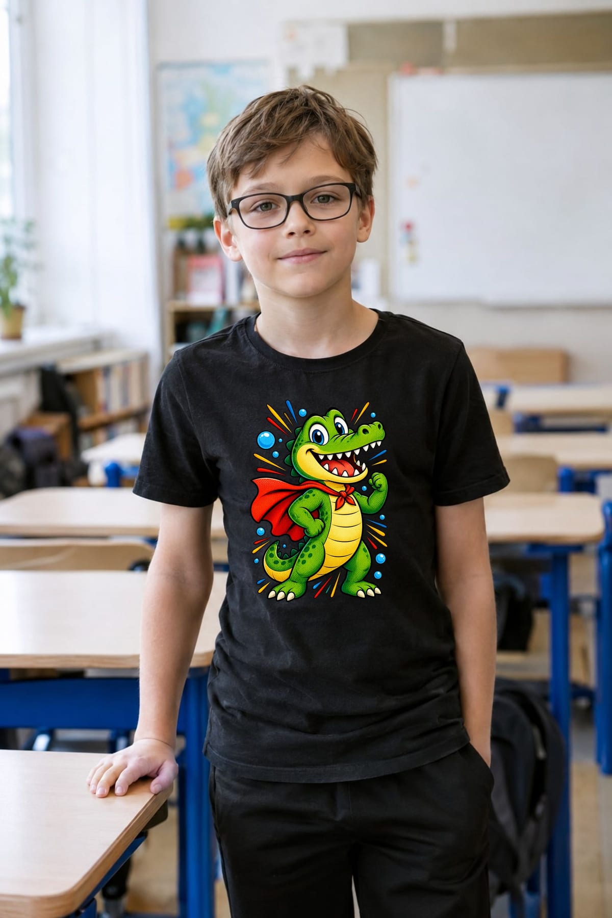 Koszulka z krokodylem dla chłopca czarna komiksowy styl, zdjęcie 4