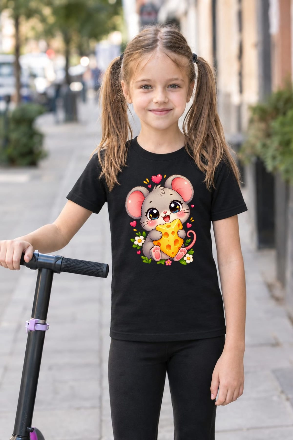 Koszulka z myszą dla dziewczynki czarna słodki styl kawaii, zdjęcie 3