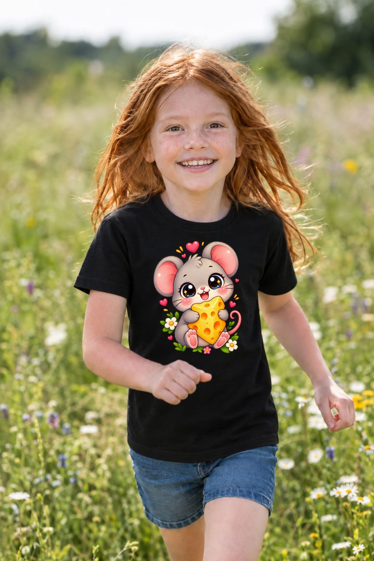 Koszulka z myszą dla dziewczynki czarna słodki styl kawaii, zdjęcie 7