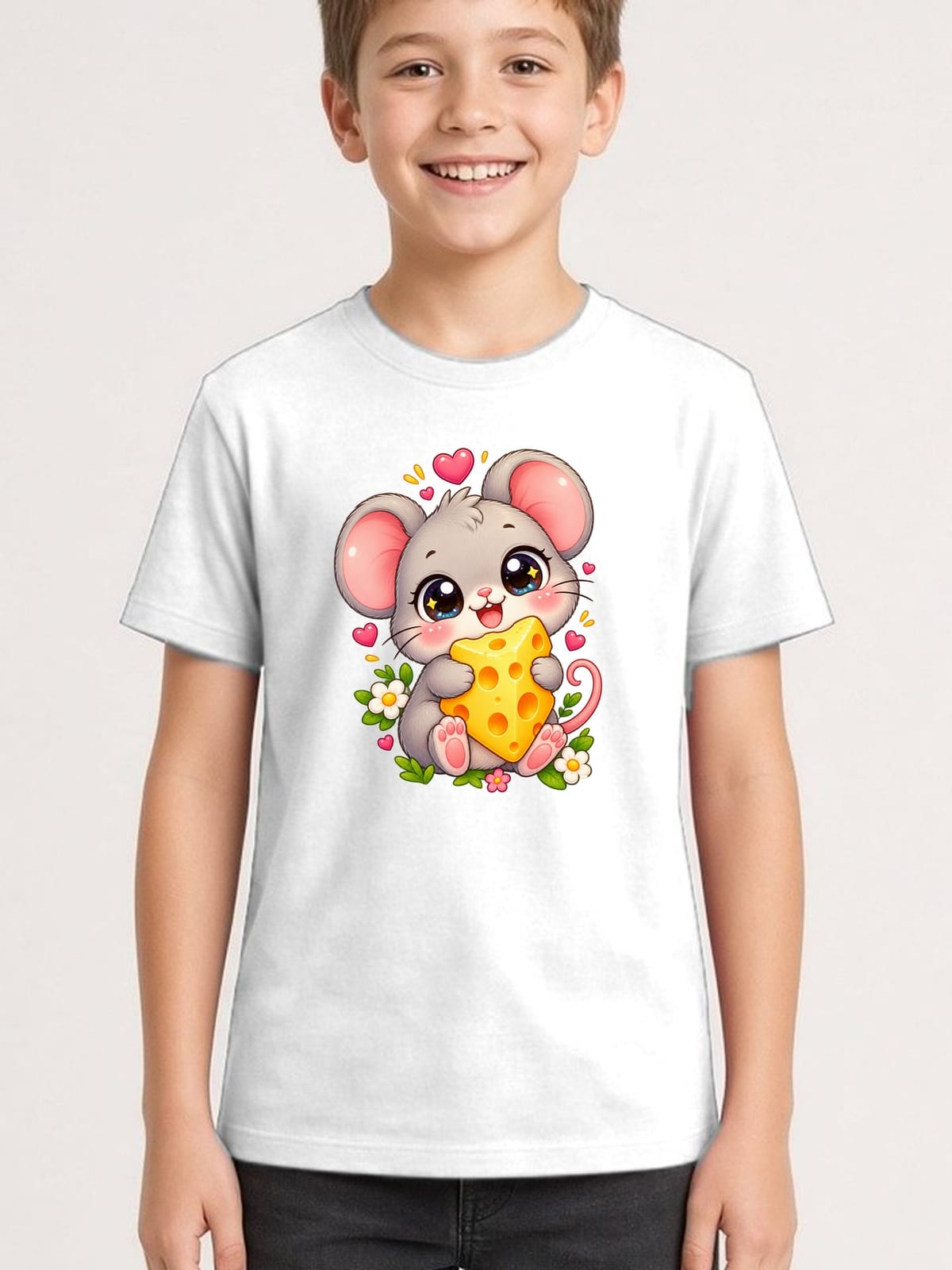 Koszulka z myszą dla chłopca biała słodki styl kawaii, zdjęcie 1