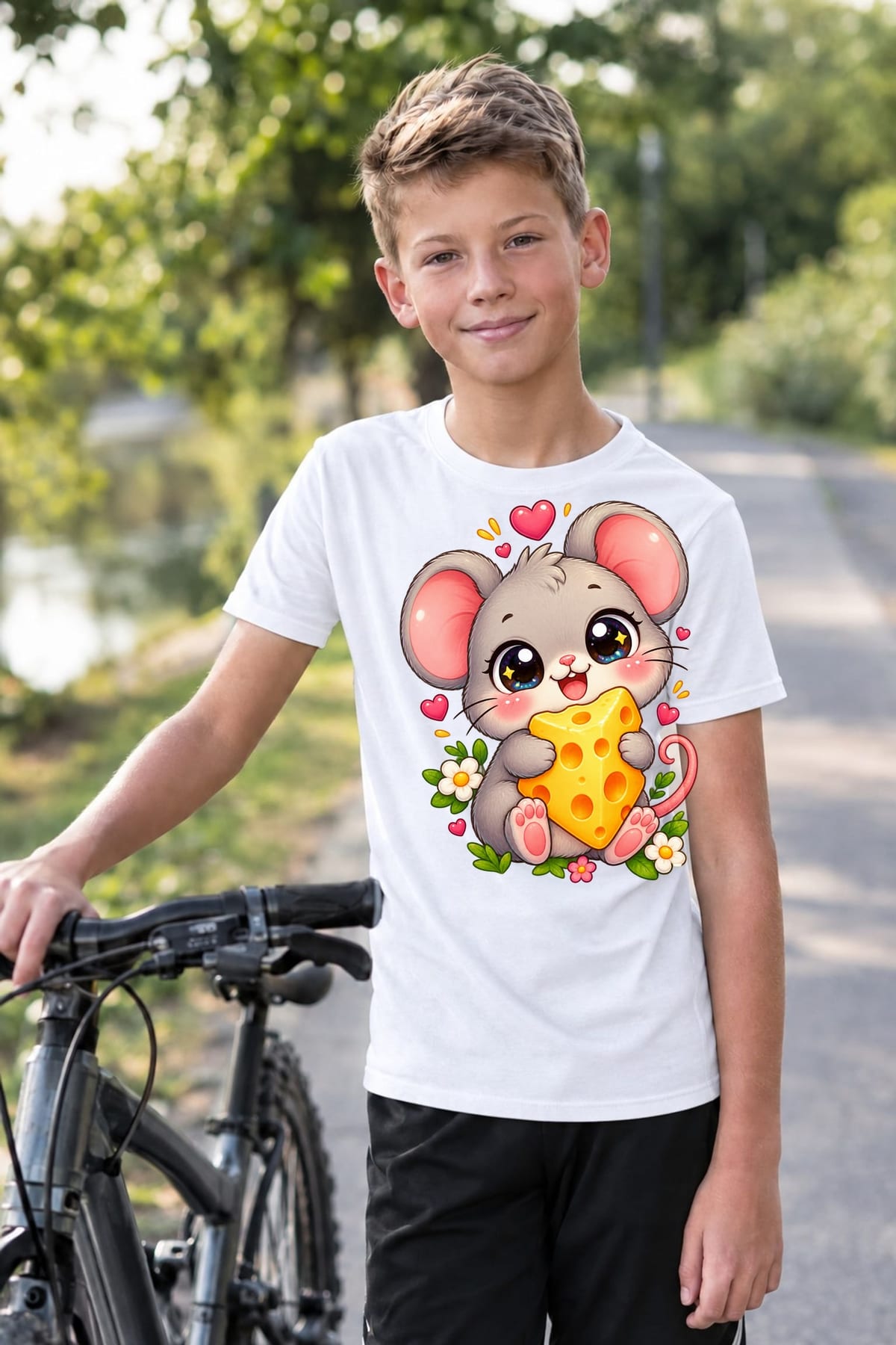 Koszulka z myszą dla chłopca biała słodki styl kawaii, zdjęcie 4