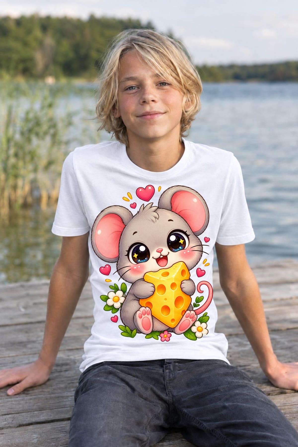 Koszulka z myszą dla chłopca biała słodki styl kawaii, zdjęcie 5