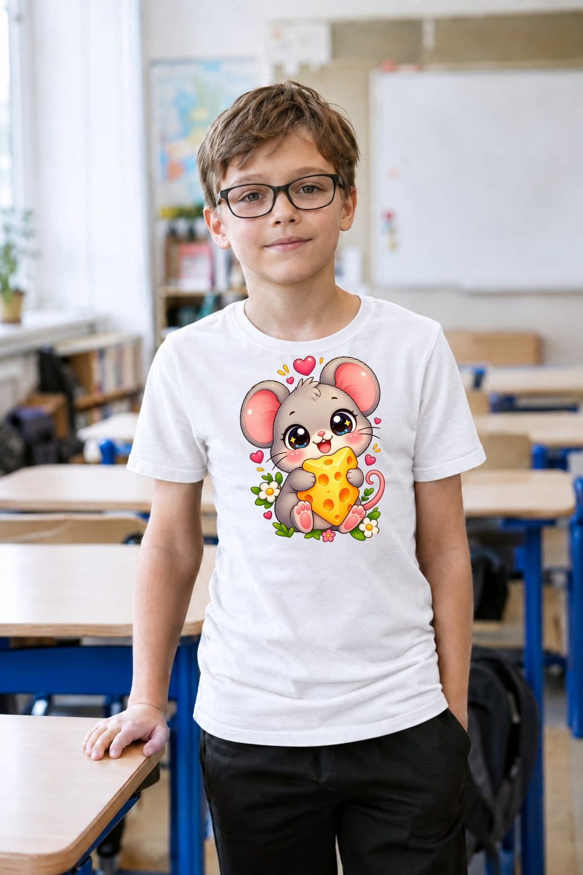 Koszulka z myszą dla chłopca biała słodki styl kawaii, zdjęcie 8
