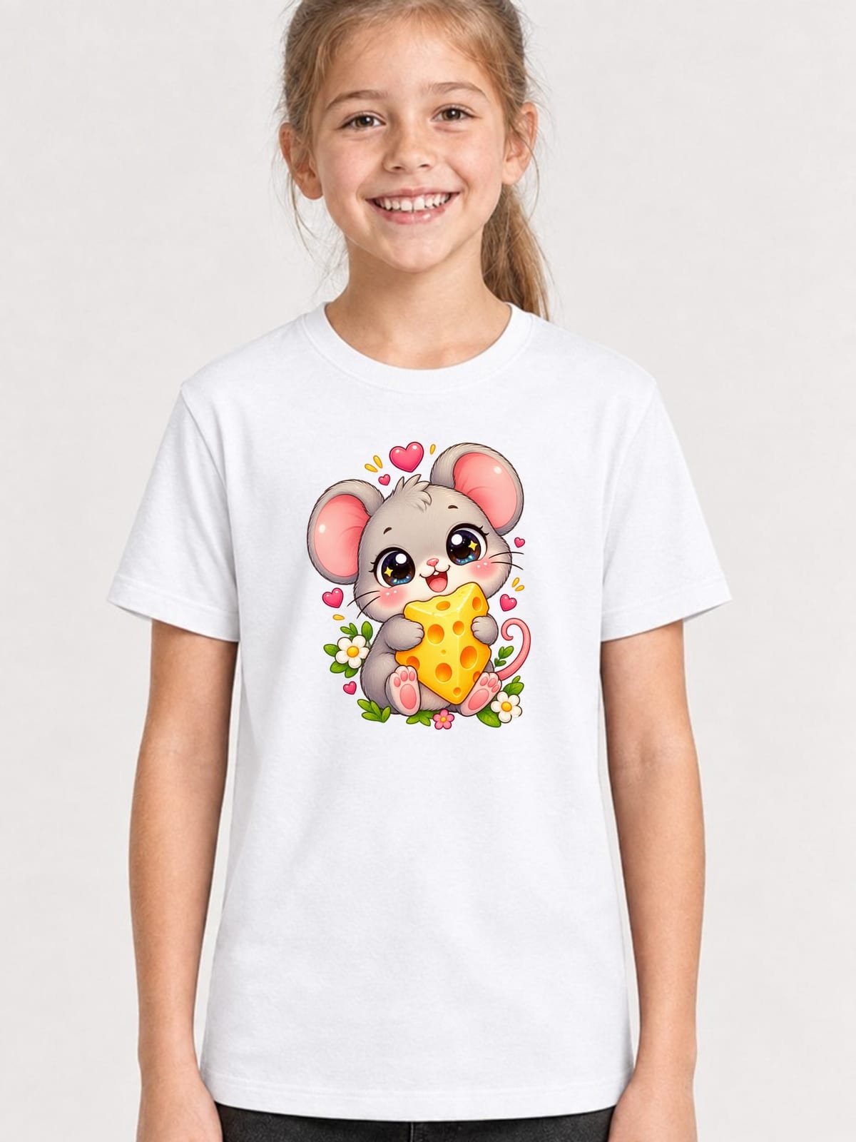 Koszulka z myszą dla dziewczynki biała słodki styl kawaii, zdjęcie 1