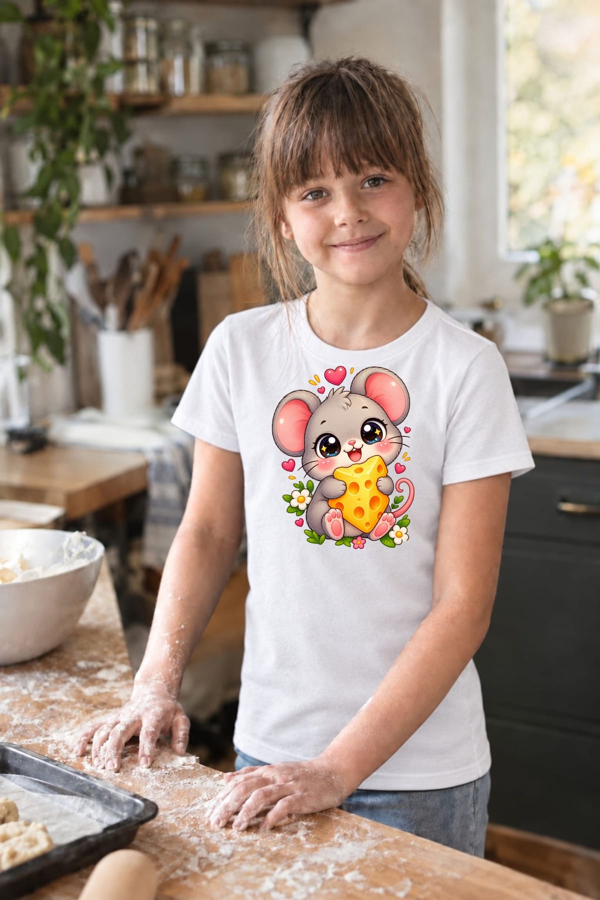 Koszulka z myszą dla dziewczynki biała słodki styl kawaii, zdjęcie 6