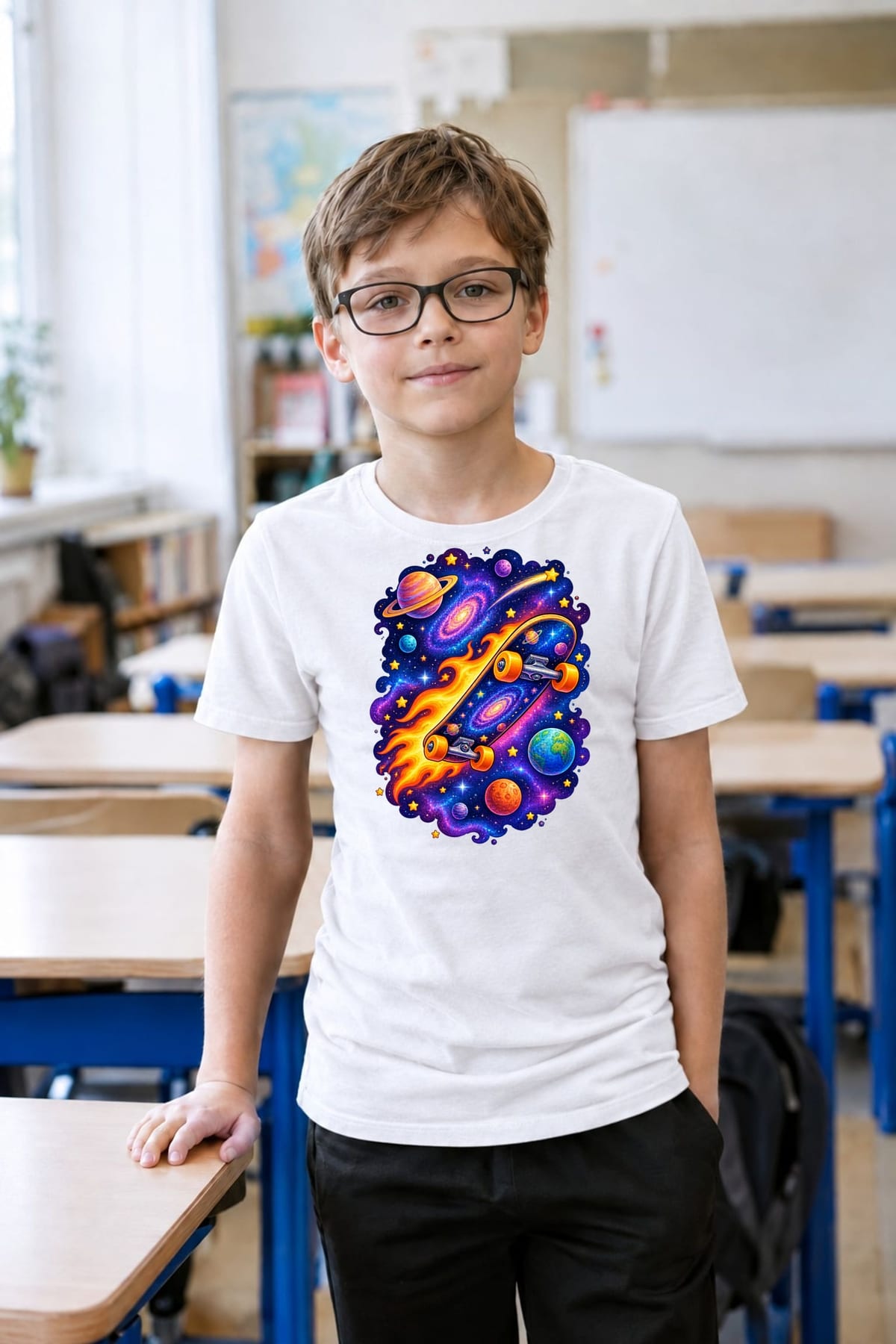Koszulka z deskorolką kosmiczną dla chłopca biała kosmiczny motyw, zdjęcie 6