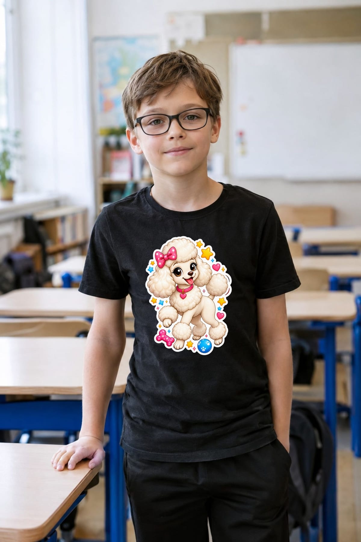 Koszulka dla dziewczynki z pudlem czarna efekt naklejki, zdjęcie 4