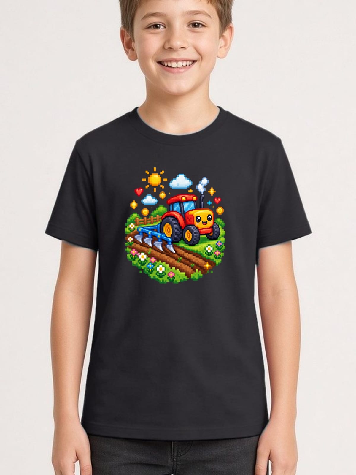 Koszulka z pługiem pixel art dla chłopca czarna pikselowa grafika, zdjęcie 1