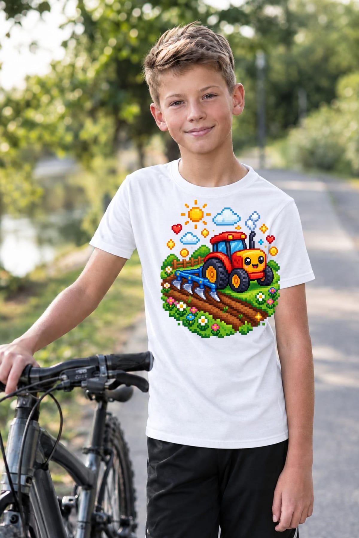 Koszulka z pługiem pixel art dla chłopca biała pikselowa grafika, zdjęcie 3