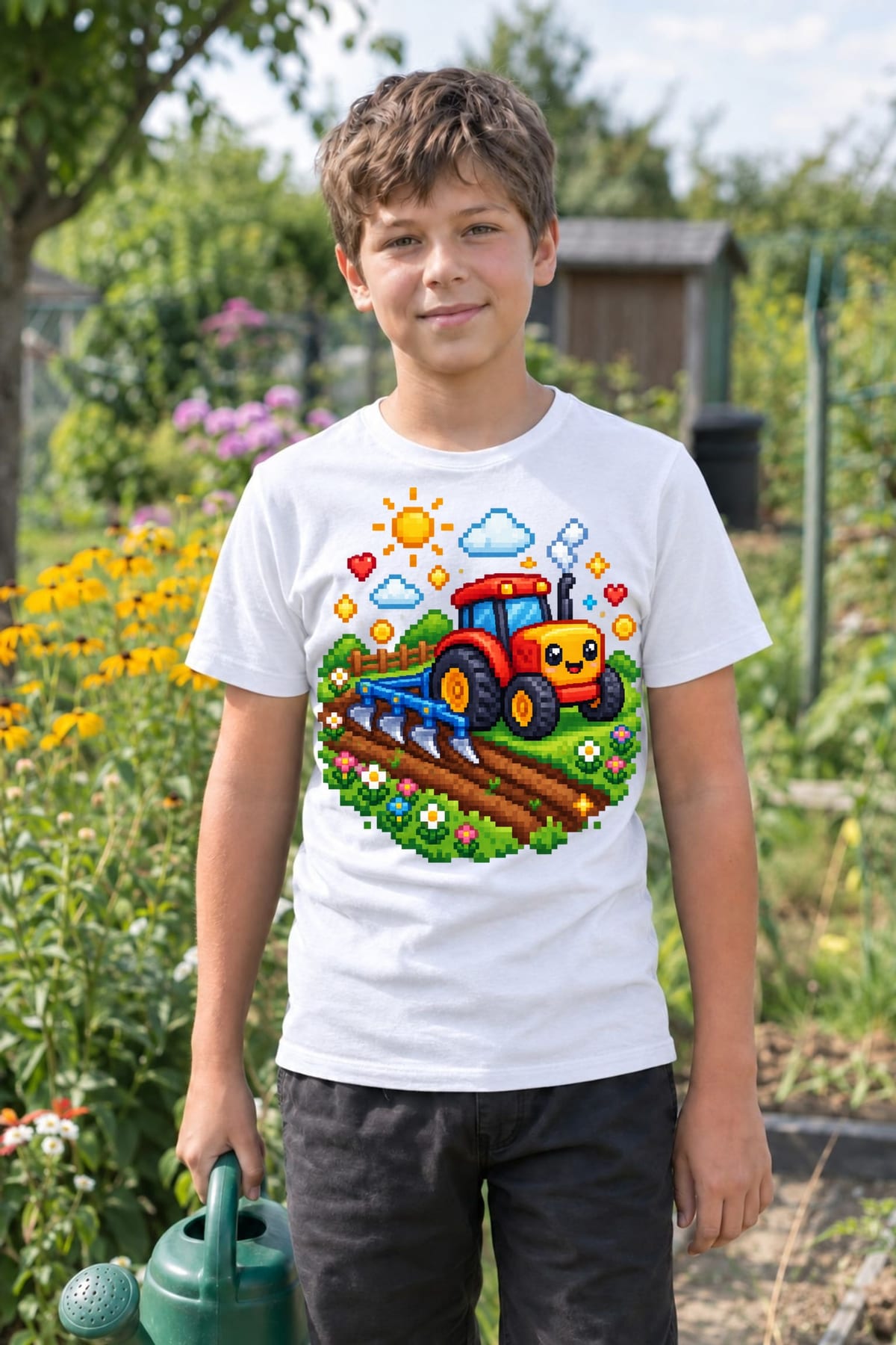 Koszulka z pługiem pixel art dla chłopca biała pikselowa grafika, zdjęcie 7