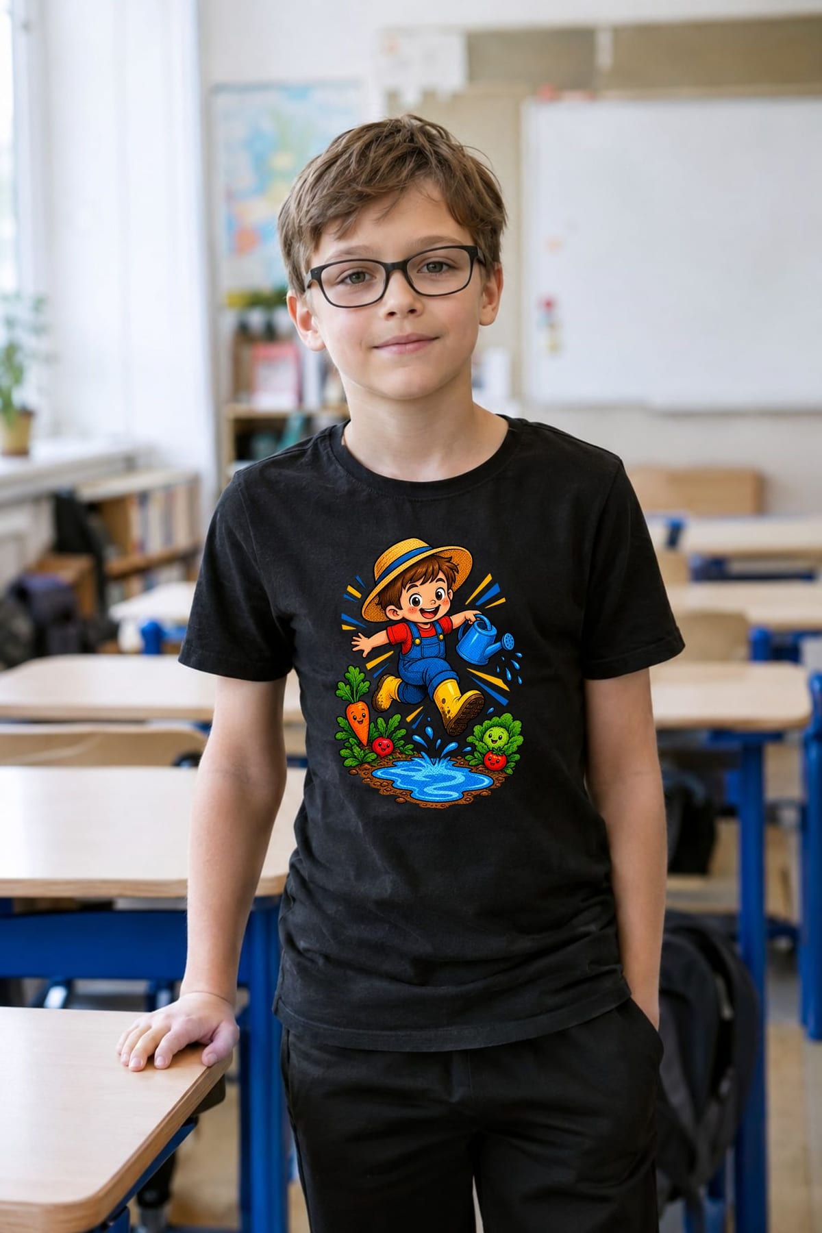 Koszulka z rolnikiem dla chłopca czarna komiksowa akcja z konewką, zdjęcie 6
