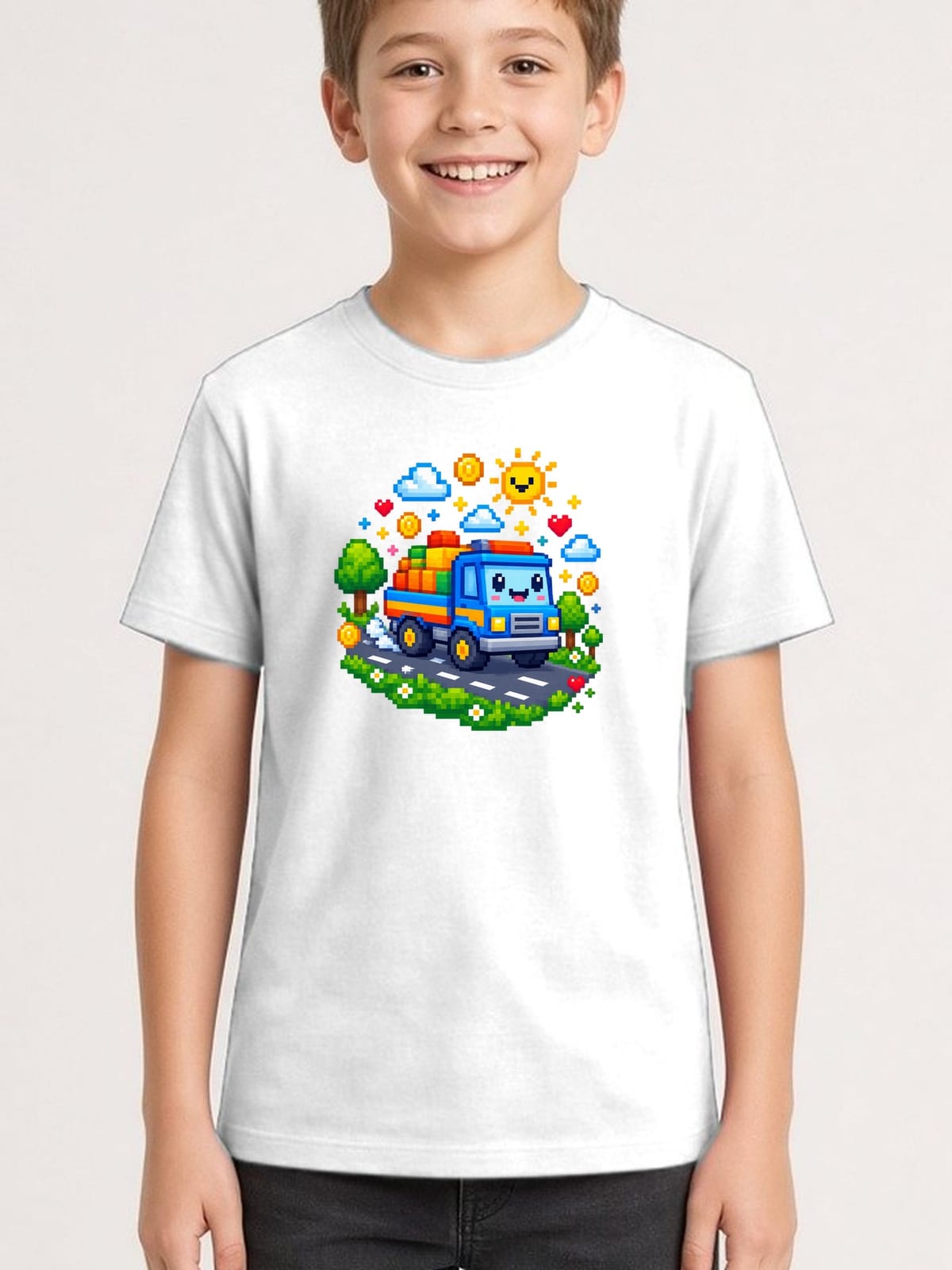 Koszulka z tirem w pixel art dla chłopca biała dla dzieci, zdjęcie 1
