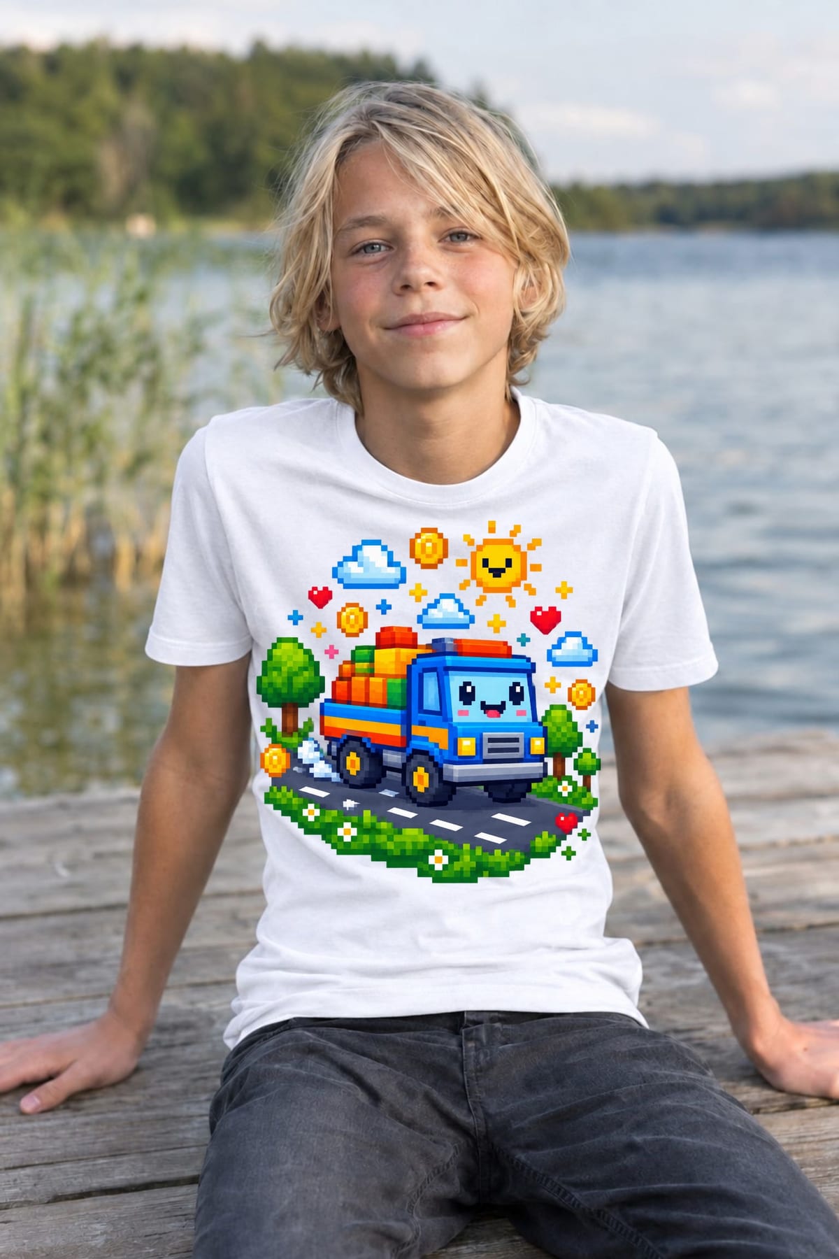 Koszulka z tirem w pixel art dla chłopca biała dla dzieci, zdjęcie 4