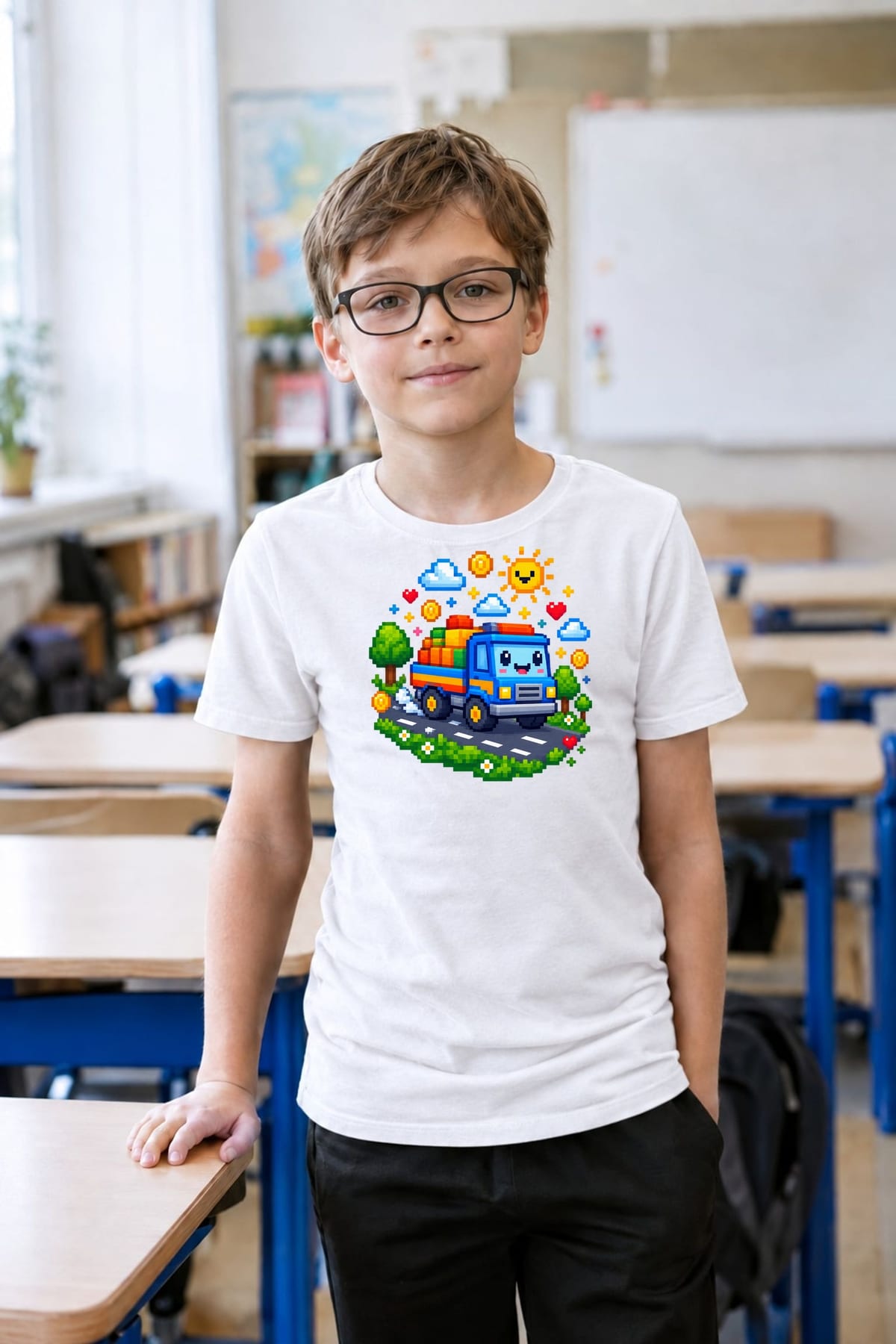 Koszulka z tirem w pixel art dla chłopca biała dla dzieci, zdjęcie 6