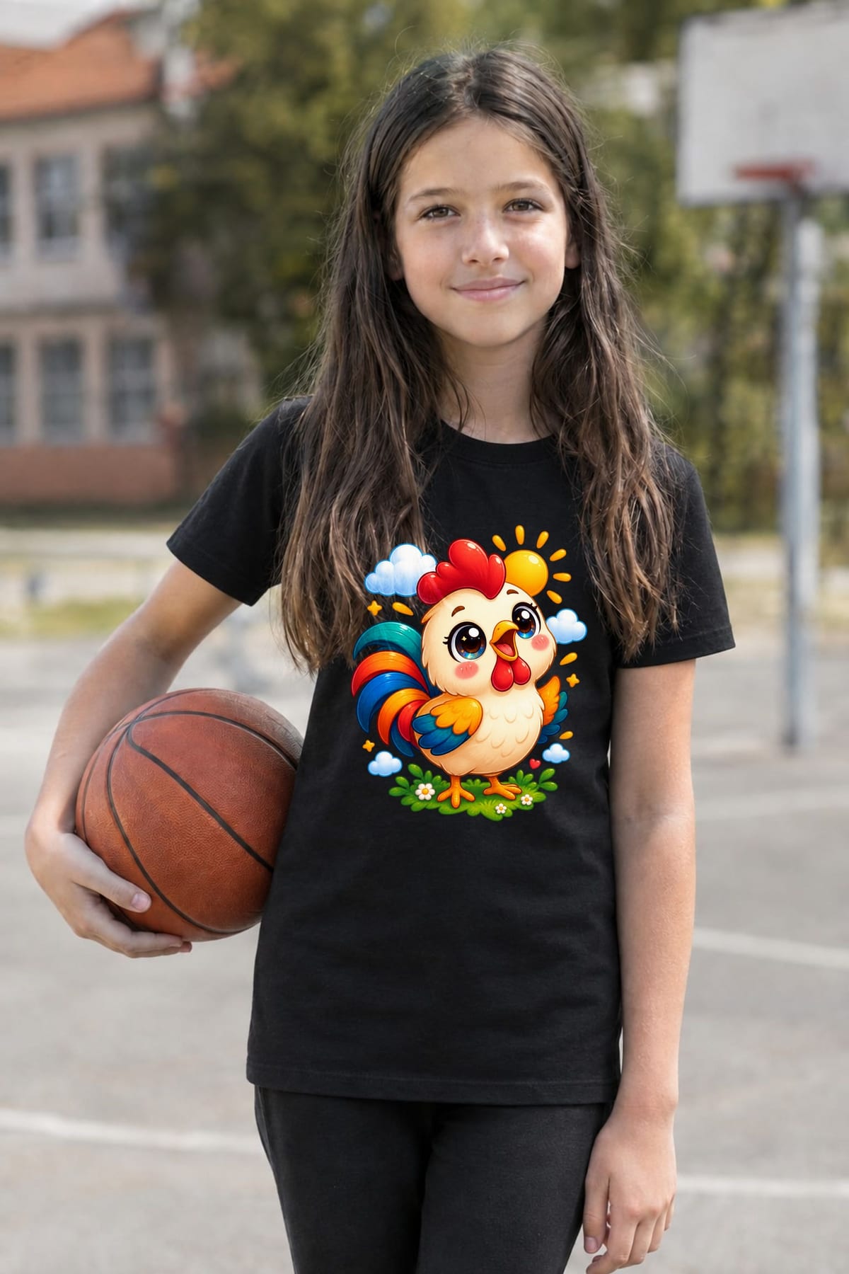 Koszulka z kogutem dla dziewczynki czarna słodki styl kawaii, zdjęcie 4