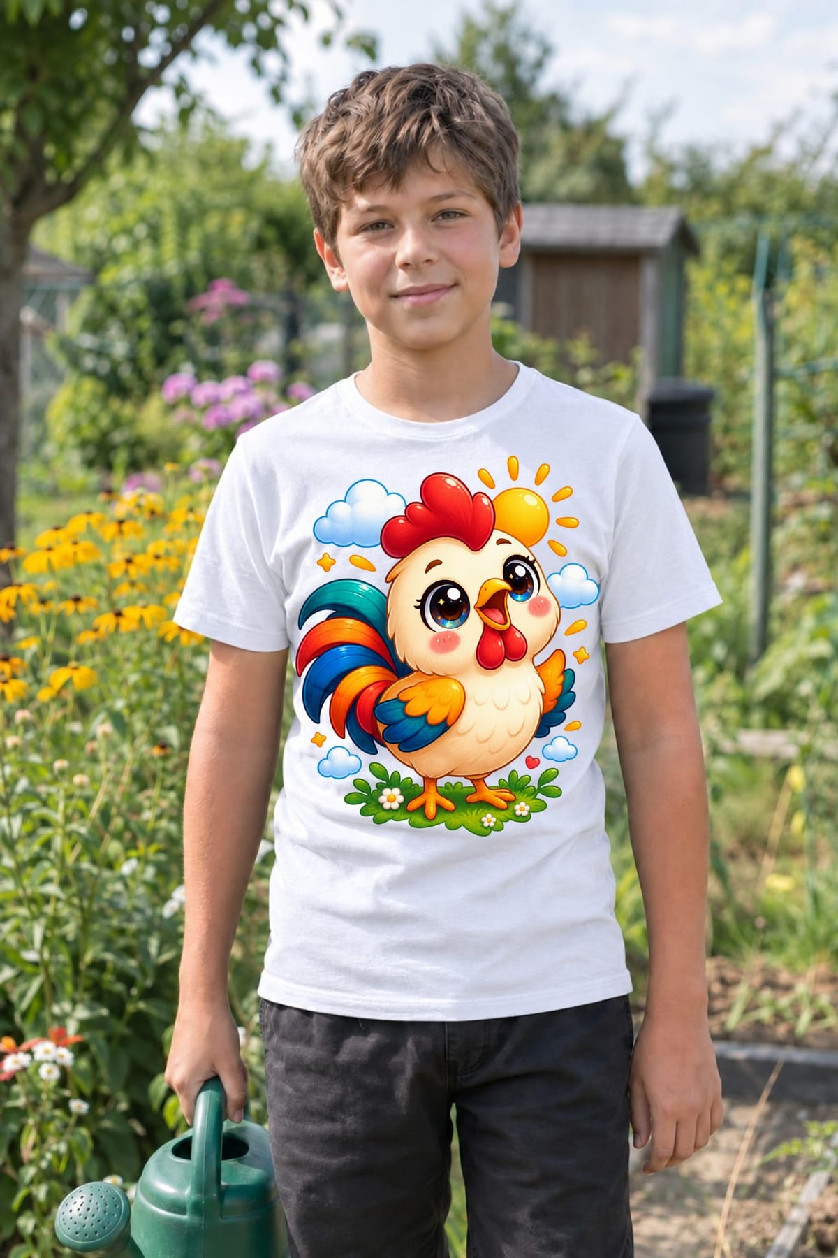 Koszulka z kogutem dla chłopca biała słodki styl kawaii, zdjęcie 5