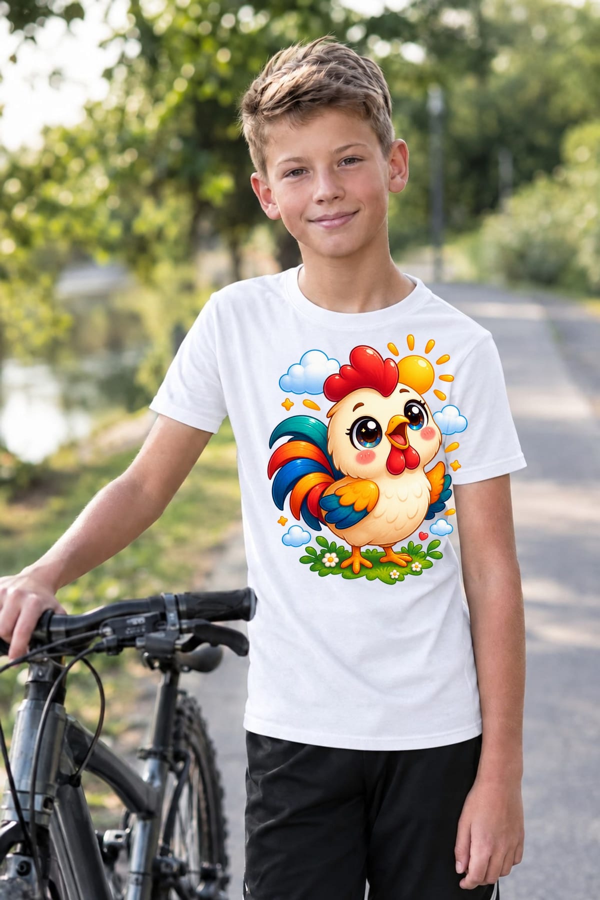 Koszulka z kogutem dla chłopca biała słodki styl kawaii, zdjęcie 6