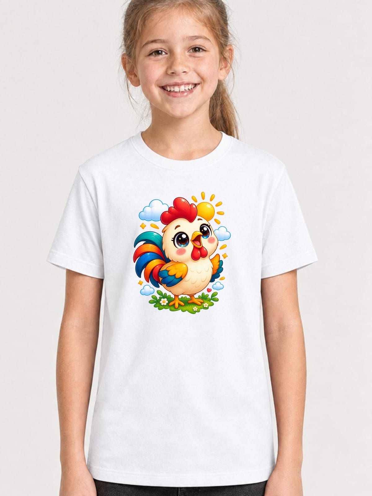 Koszulka z kogutem dla dziewczynki biała słodki styl kawaii, zdjęcie 1
