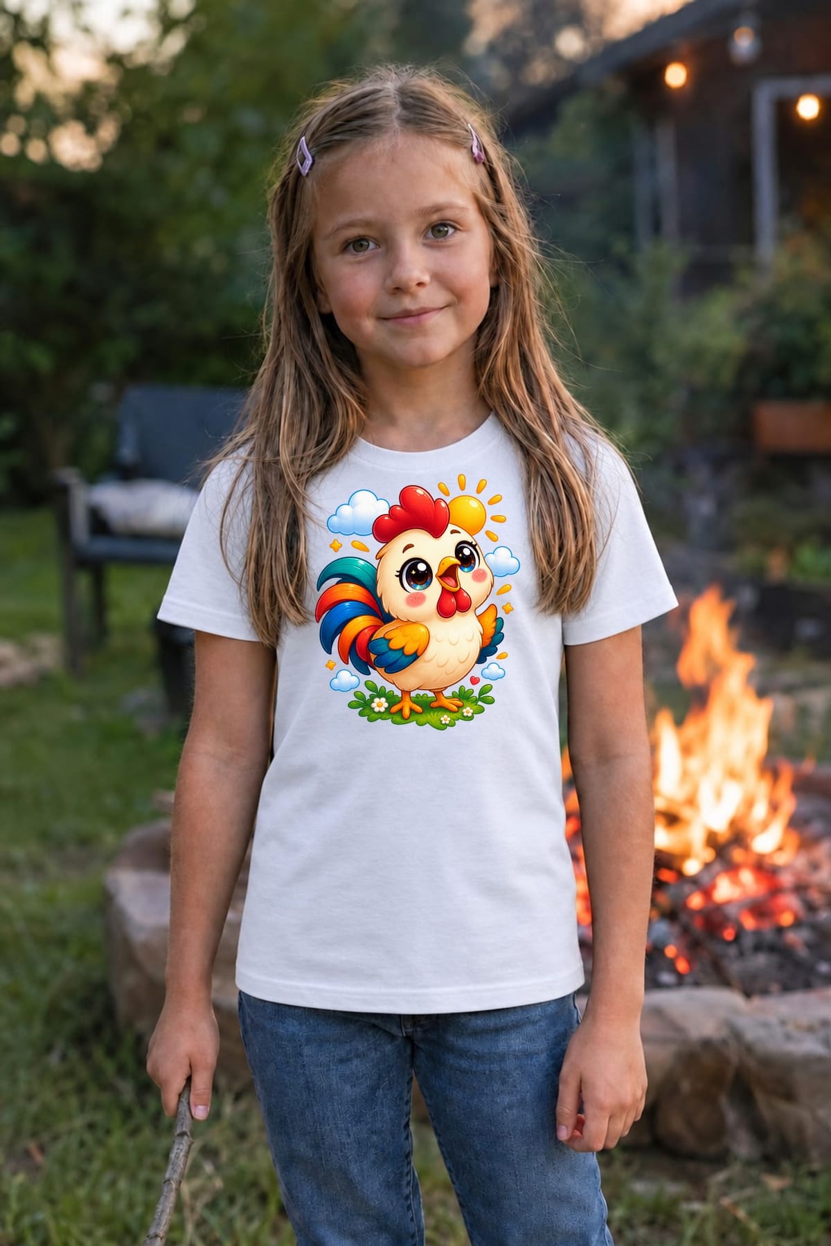 Koszulka z kogutem dla dziewczynki biała słodki styl kawaii, zdjęcie 6