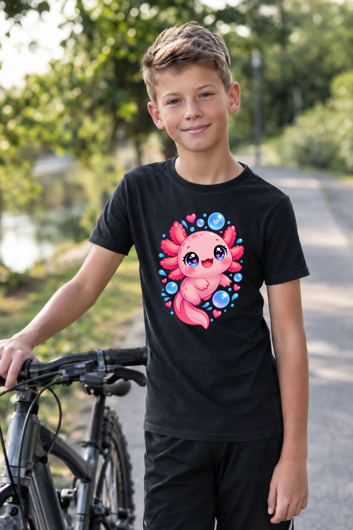 Koszulka z aksolotlem dla chłopca czarna słodki styl kawaii, zdjęcie 4
