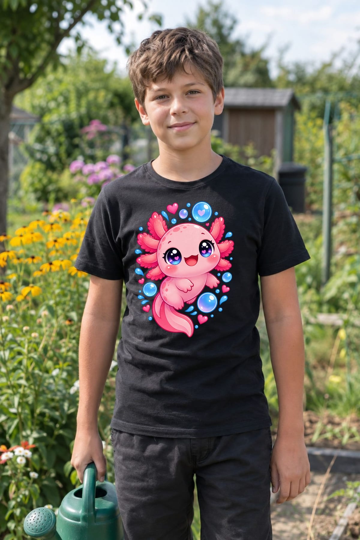 Koszulka z aksolotlem dla chłopca czarna słodki styl kawaii, zdjęcie 5