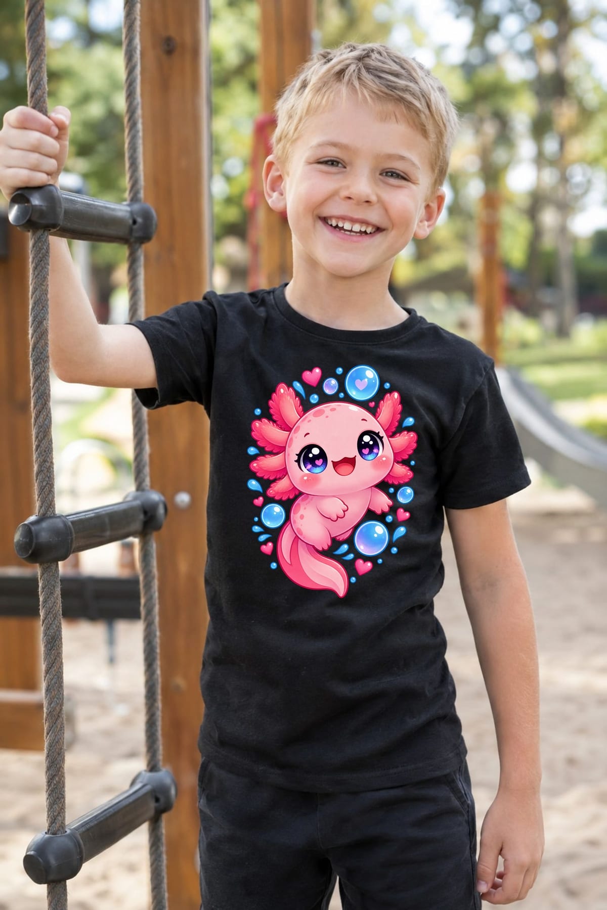 Koszulka z aksolotlem dla chłopca czarna słodki styl kawaii, zdjęcie 8