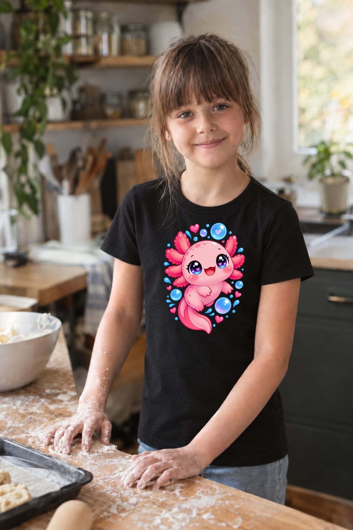 Koszulka z aksolotlem dla dziewczynki czarna słodki styl kawaii, zdjęcie 7