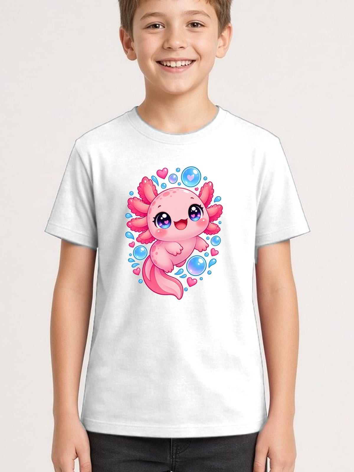 Koszulka z aksolotlem dla chłopca biała słodki styl kawaii, zdjęcie 1