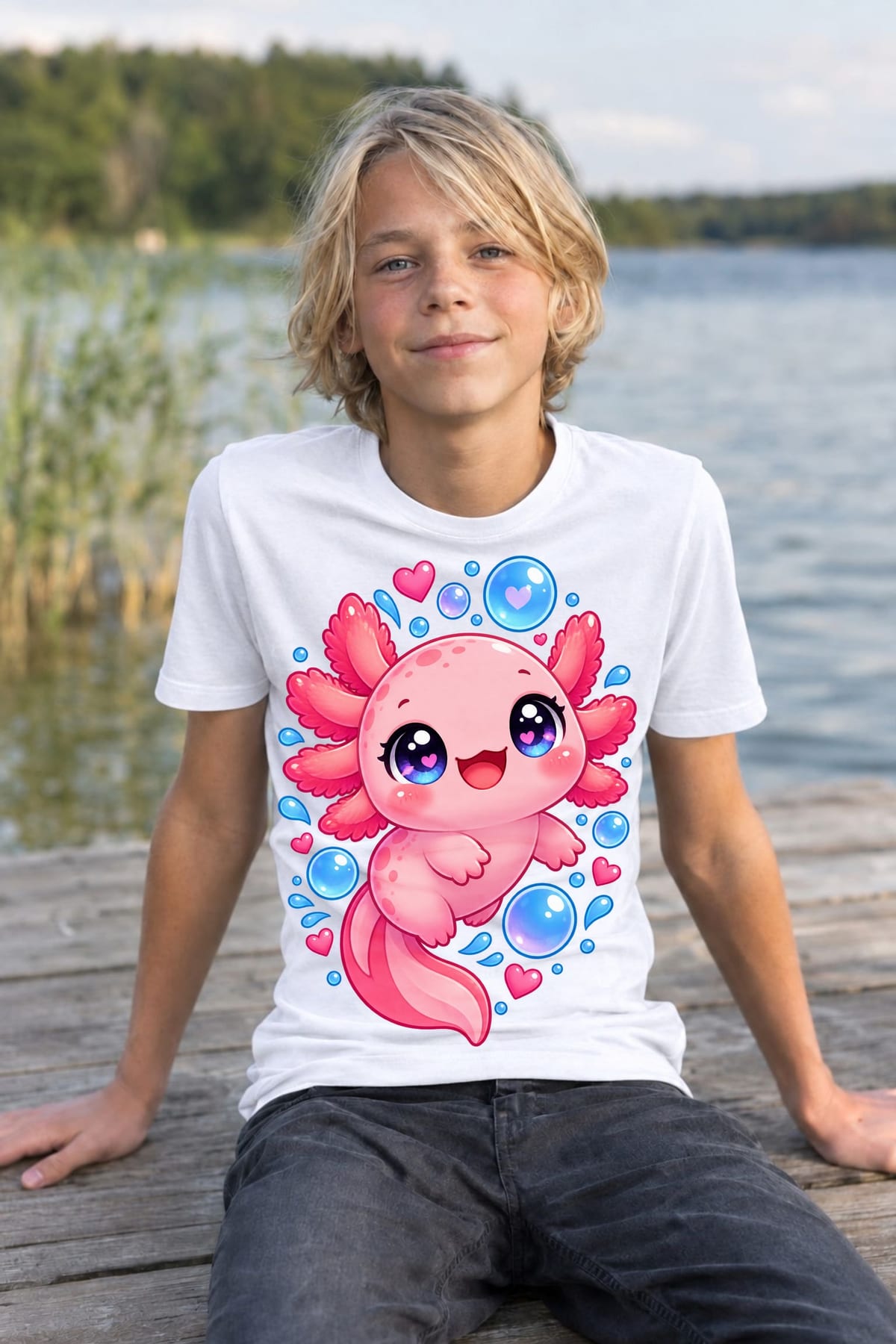 Koszulka z aksolotlem dla chłopca biała słodki styl kawaii, zdjęcie 3