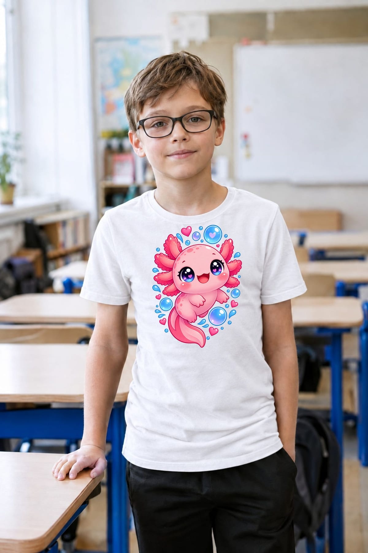 Koszulka z aksolotlem dla chłopca biała słodki styl kawaii, zdjęcie 4
