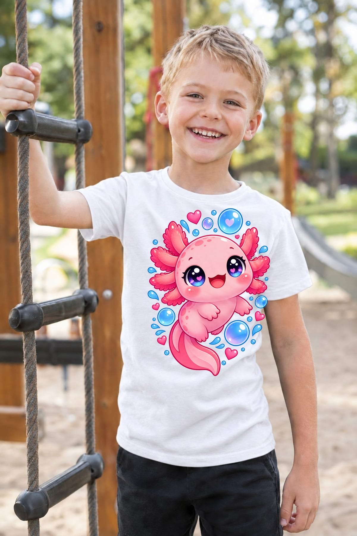Koszulka z aksolotlem dla chłopca biała słodki styl kawaii, zdjęcie 7