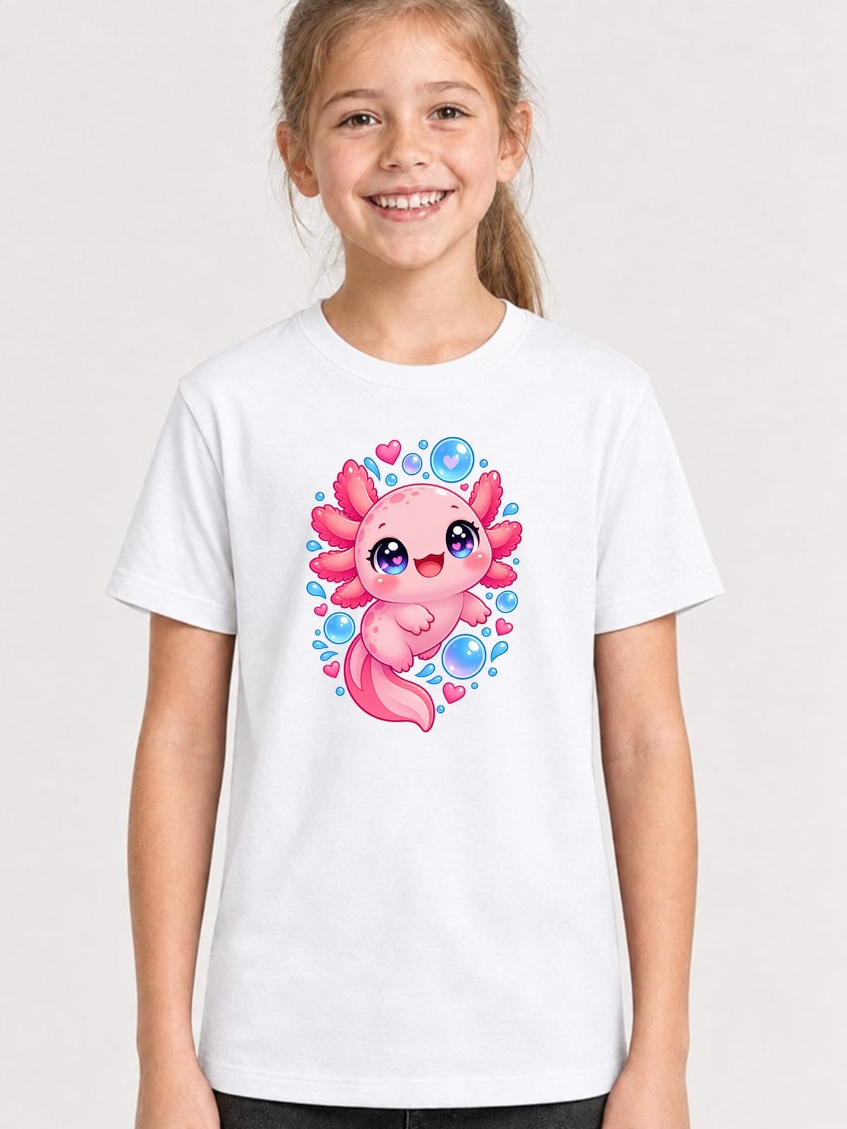 Koszulka z aksolotlem dla dziewczynki biała słodki styl kawaii, zdjęcie 1