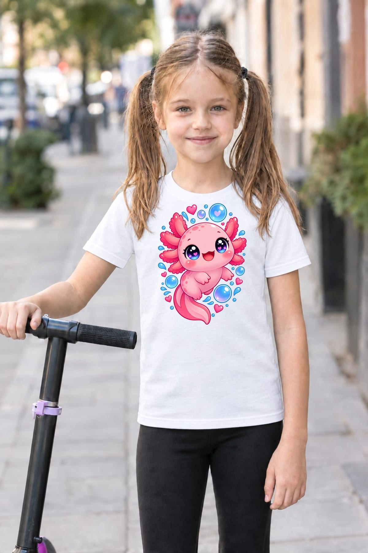 Koszulka z aksolotlem dla dziewczynki biała słodki styl kawaii, zdjęcie 4