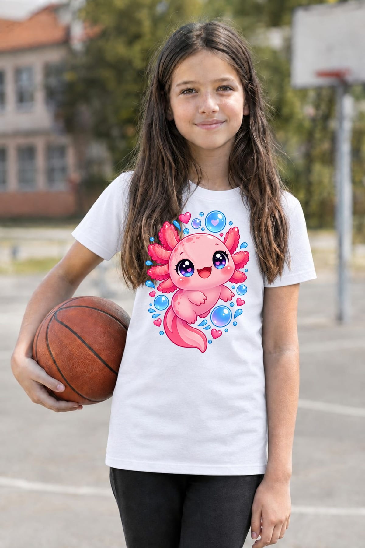 Koszulka z aksolotlem dla dziewczynki biała słodki styl kawaii, zdjęcie 6