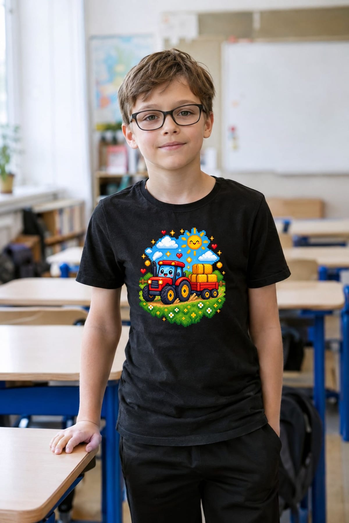 Koszulka dziecięca z traktorem z przyczepą dla chłopca czarna pixel art, zdjęcie 3