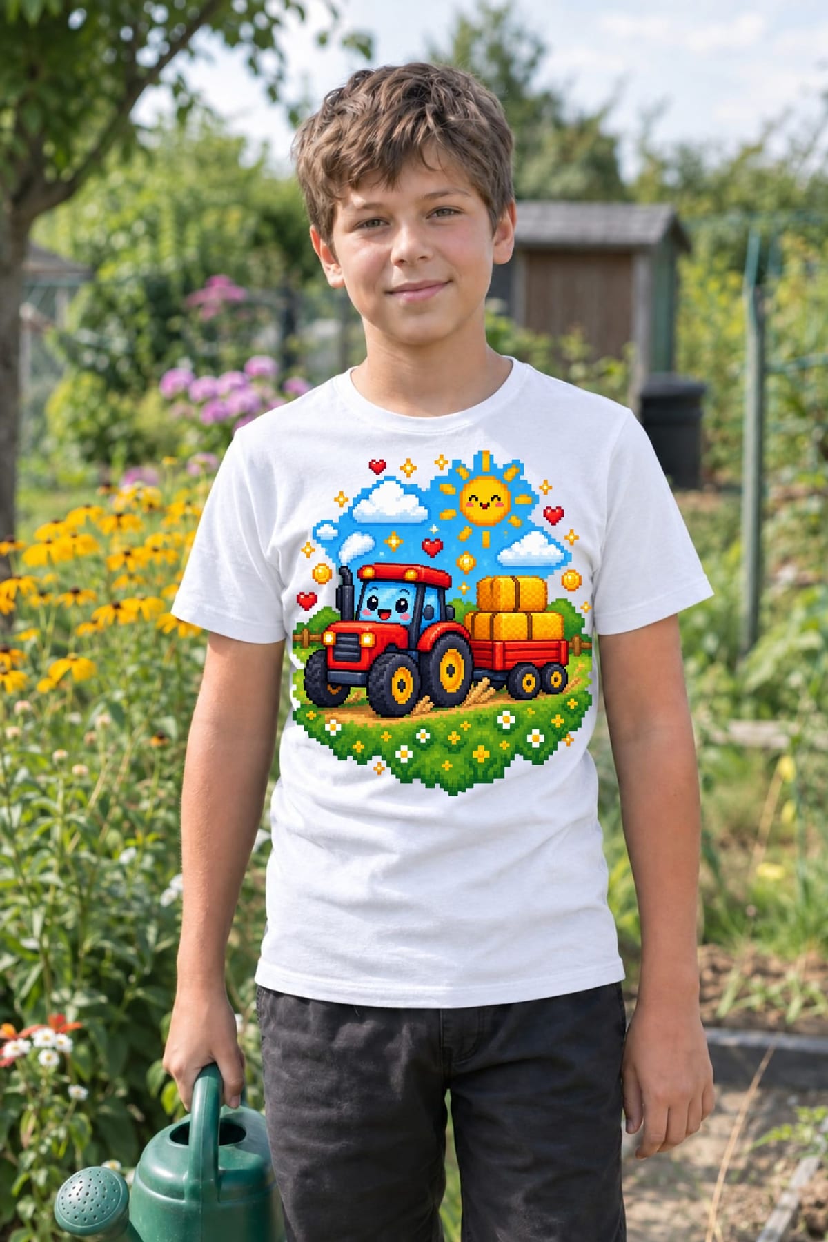 Koszulka dziecięca z traktorem z przyczepą dla chłopca biała pixel art, zdjęcie 4