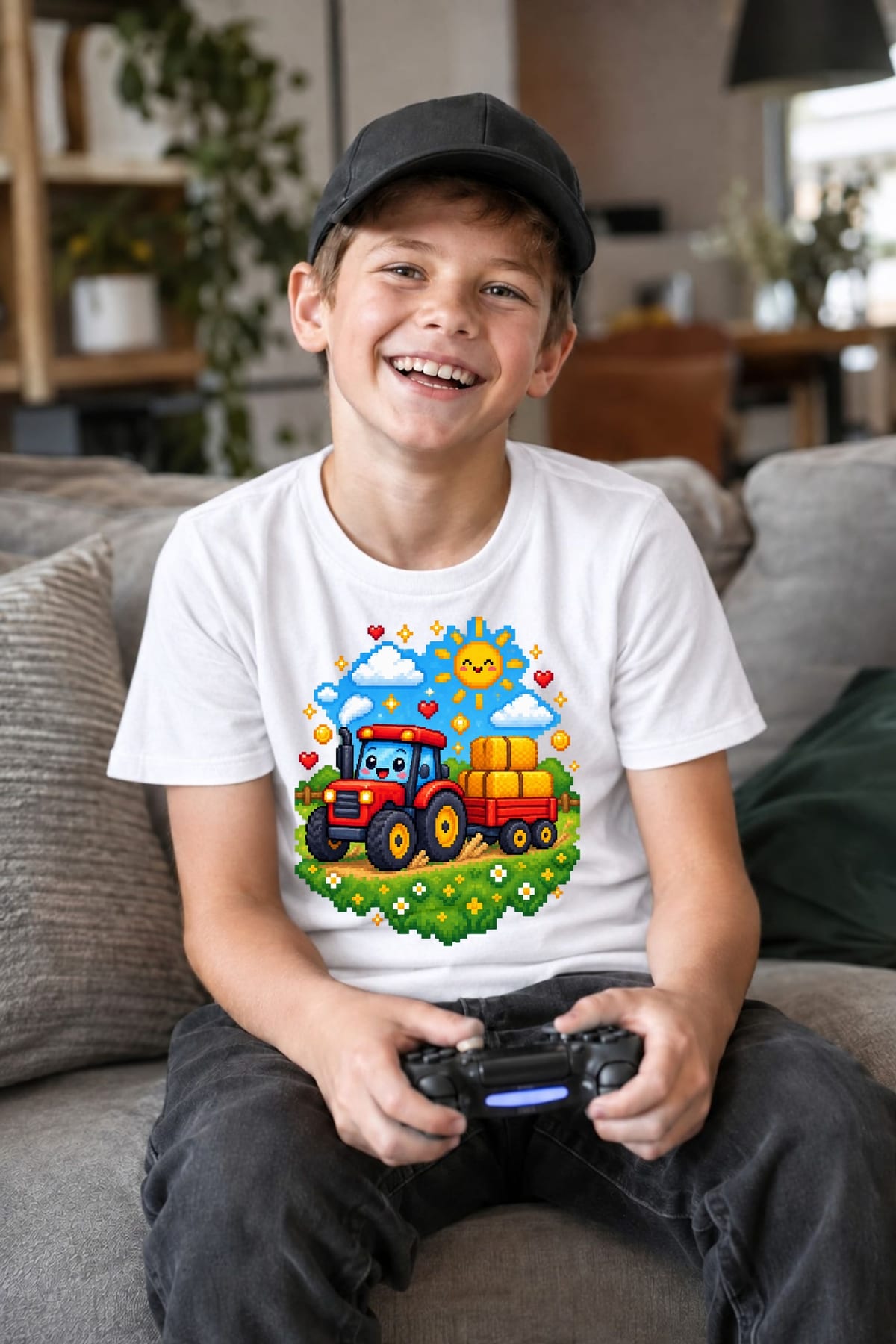 Koszulka dziecięca z traktorem z przyczepą dla chłopca biała pixel art, zdjęcie 5