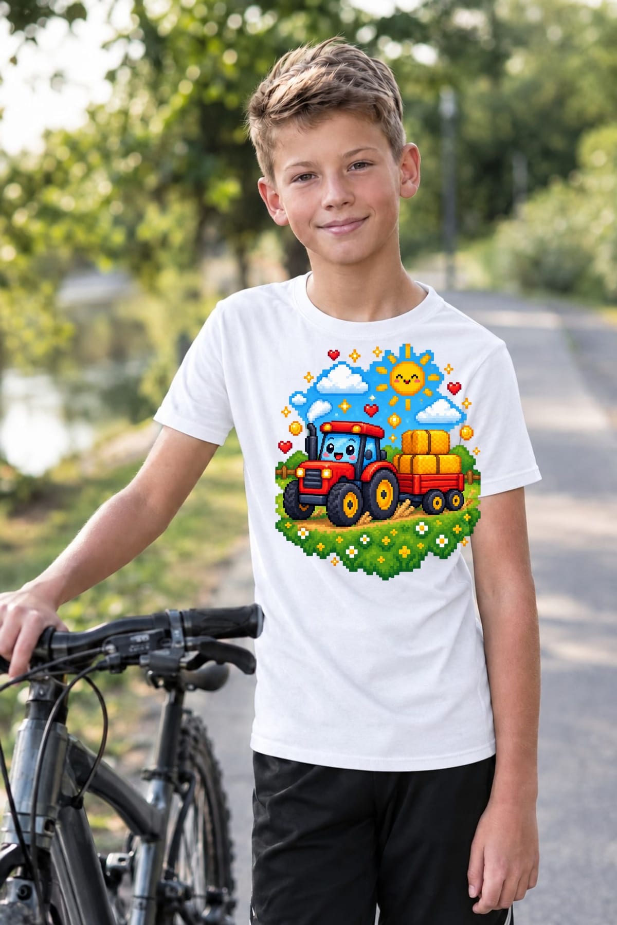 Koszulka dziecięca z traktorem z przyczepą dla chłopca biała pixel art, zdjęcie 6