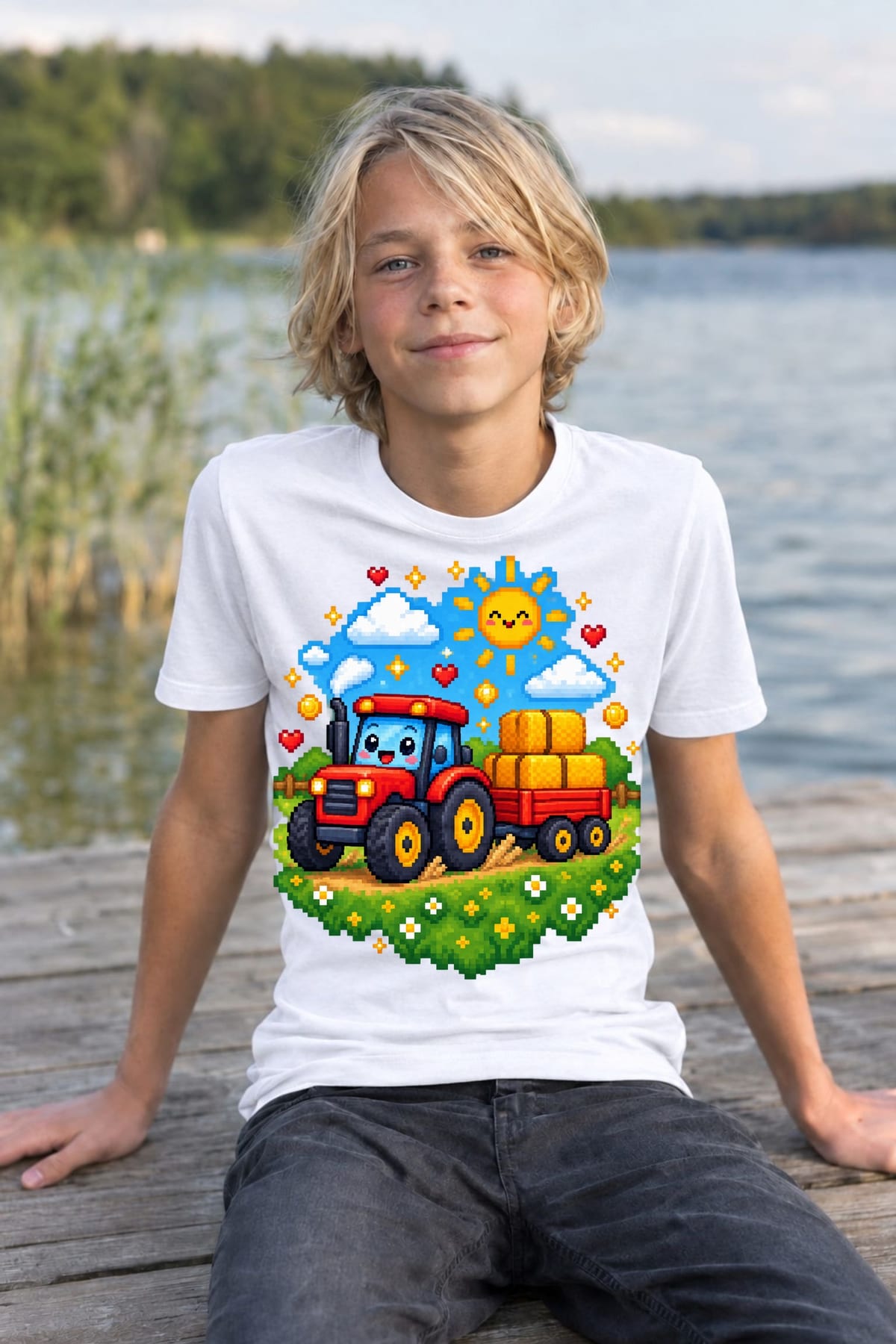 Koszulka dziecięca z traktorem z przyczepą dla chłopca biała pixel art, zdjęcie 8