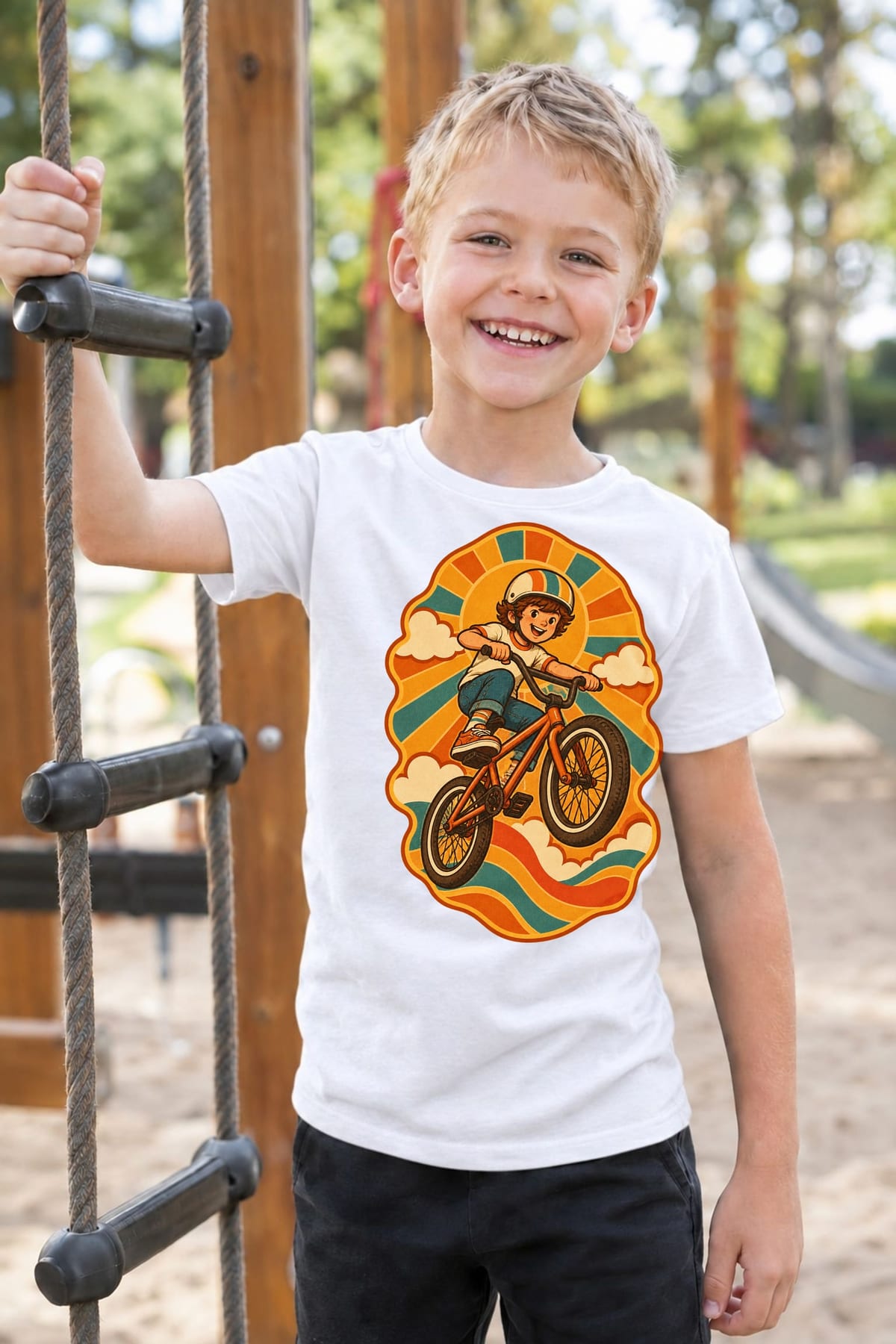Koszulka z bmx dla chłopca biała klimat retro lata 70, zdjęcie 4