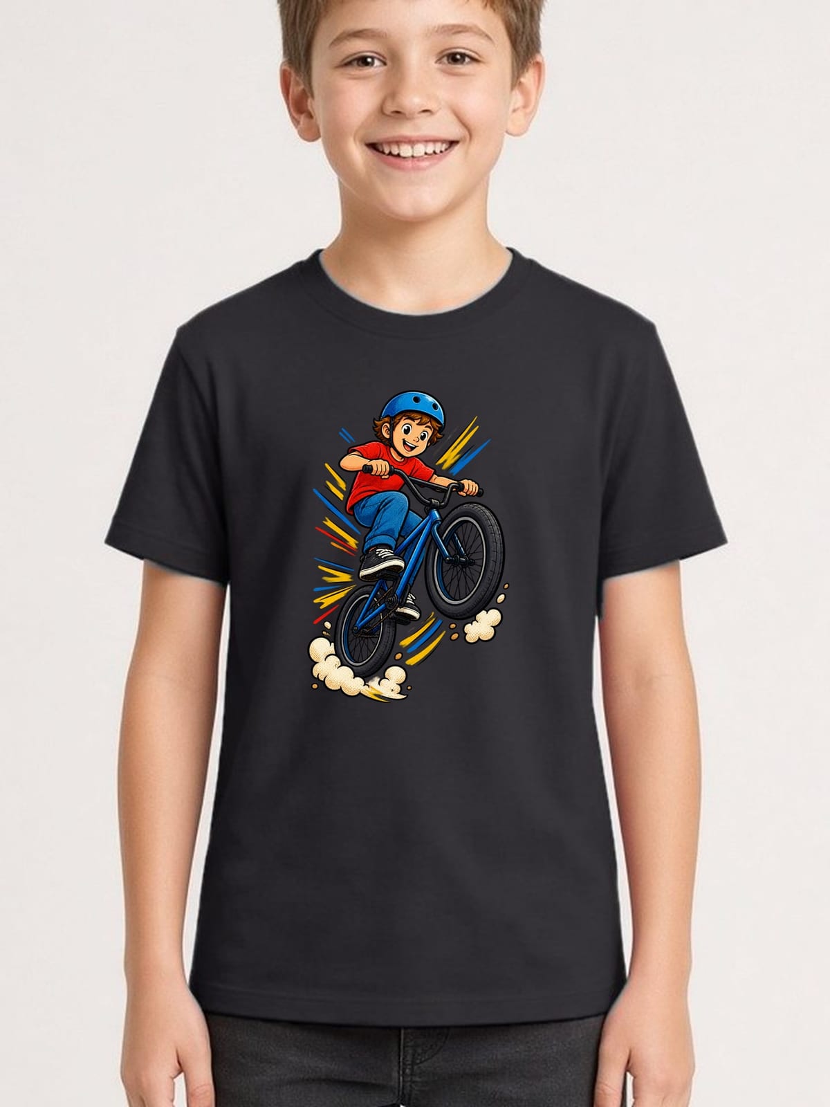 Koszulka z bmx dla chłopca czarna dynamiczny komiks, zdjęcie 1
