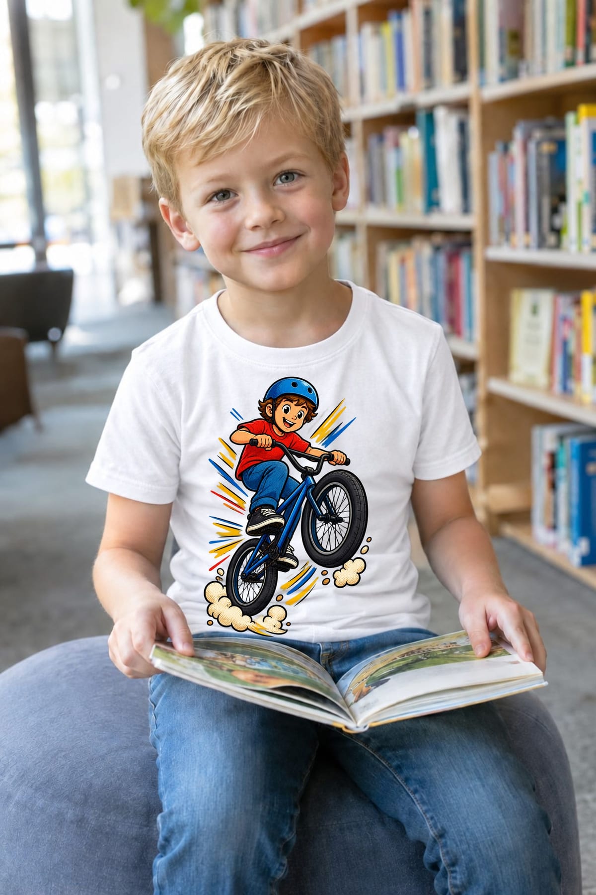 Koszulka z bmx dla chłopca biała dynamiczny komiks, zdjęcie 3