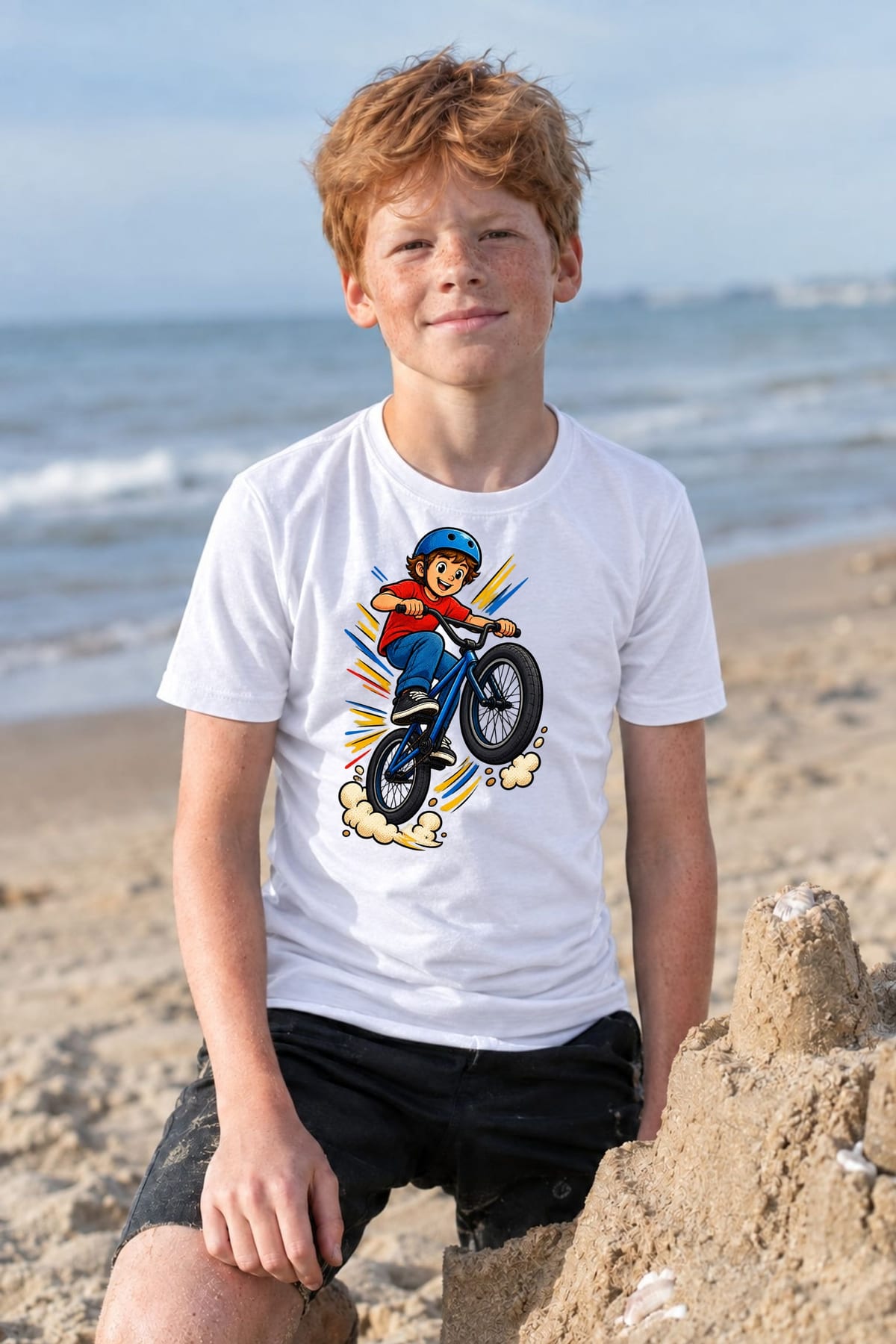 Koszulka z bmx dla chłopca biała dynamiczny komiks, zdjęcie 4