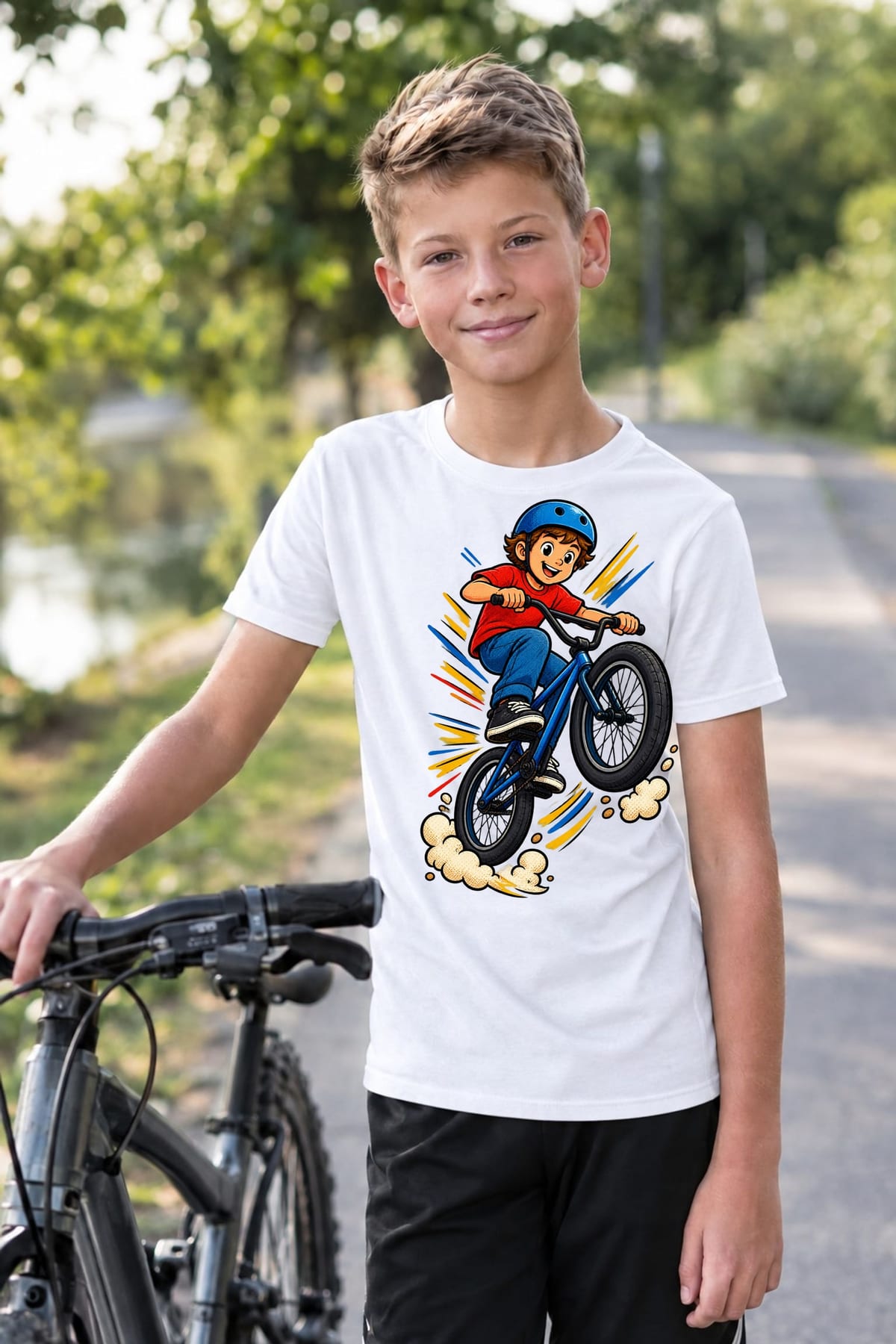 Koszulka z bmx dla chłopca biała dynamiczny komiks, zdjęcie 5
