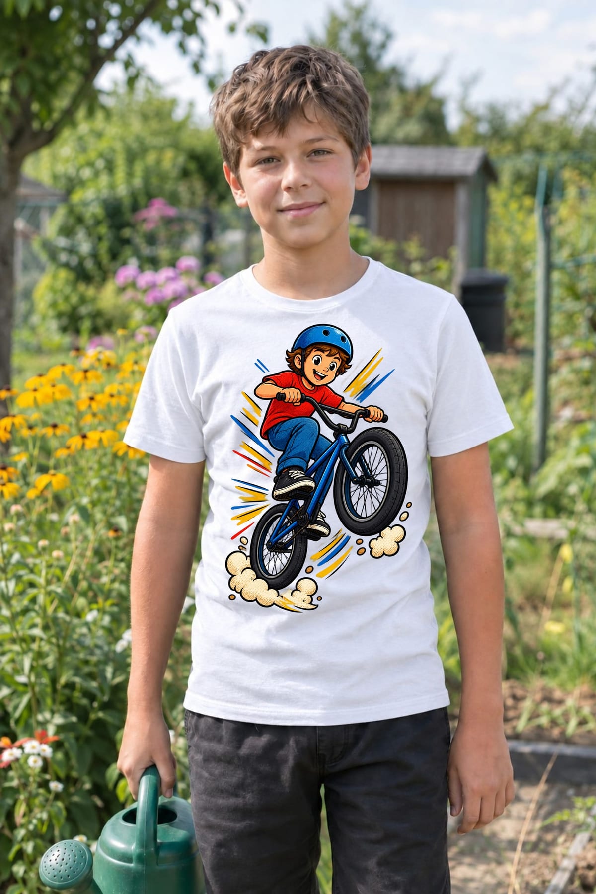 Koszulka z bmx dla chłopca biała dynamiczny komiks, zdjęcie 6