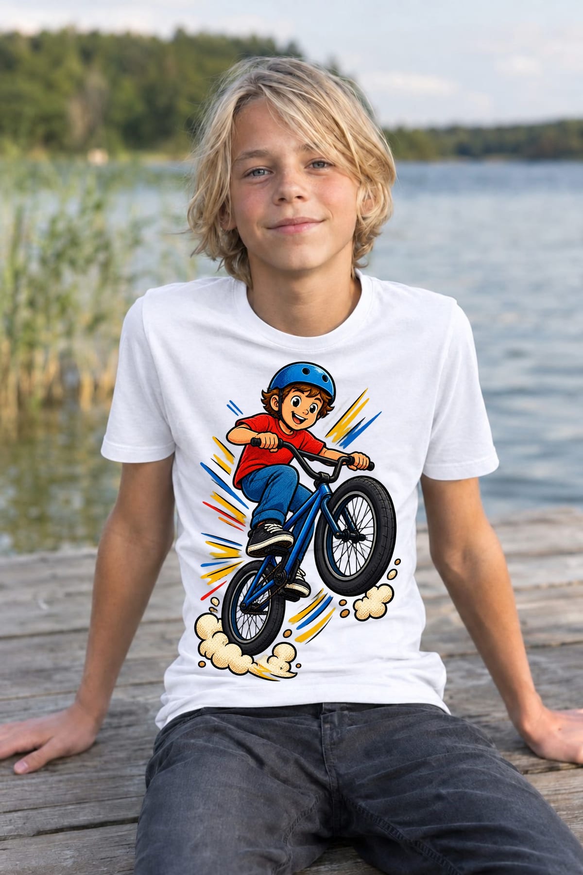 Koszulka z bmx dla chłopca biała dynamiczny komiks, zdjęcie 8