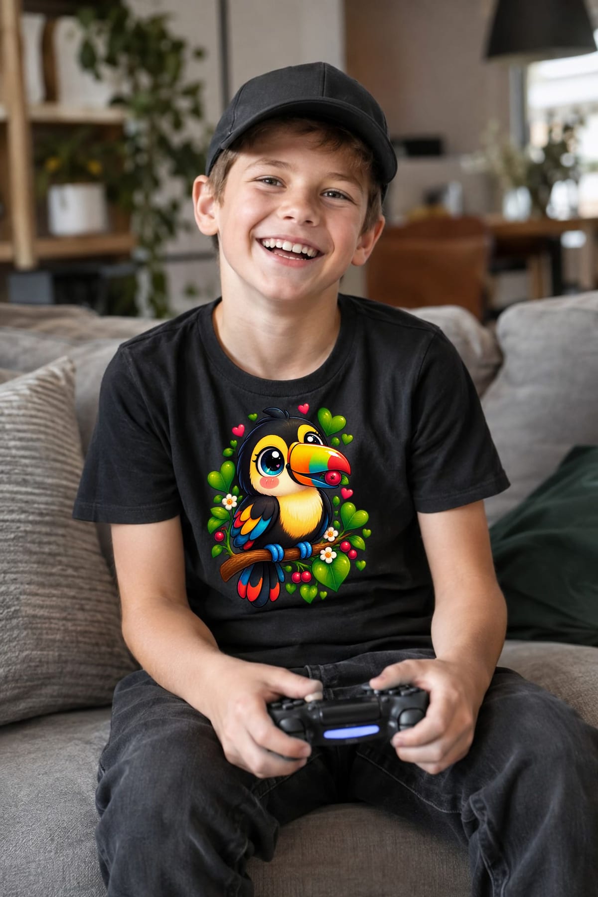 Koszulka z tukanem dla chłopca czarna słodki styl kawaii, zdjęcie 4