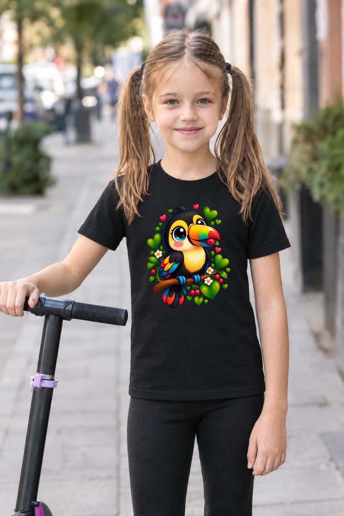 Koszulka z tukanem dla dziewczynki czarna słodki styl kawaii, zdjęcie 6